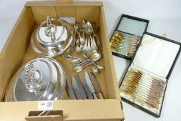 Pair of EPNS oval tureens covers and handles, boxed set of 12 WMF cake forks & similar spoons,