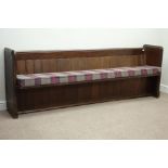 Late 19th century oak church pew with seat cushion upholstered in tartan,