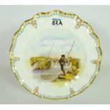 Royal Crown Derby plate decorated with a hand coloured fishing scene, by J.