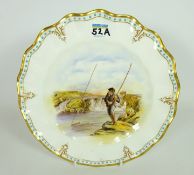 Royal Crown Derby plate decorated with a hand coloured fishing scene, by J.