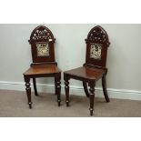 Pair Victorian oak Gothic revival hall chairs, set with John Moyr Smith 'Alfred' type tiles,