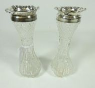 Pair of cut glass posy vases with hallmarked silver mounts,
