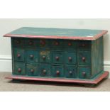 Distressed painted eighteen drawer chest, W66cm, H34cm,