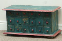 Distressed painted eighteen drawer chest, W66cm, H34cm,