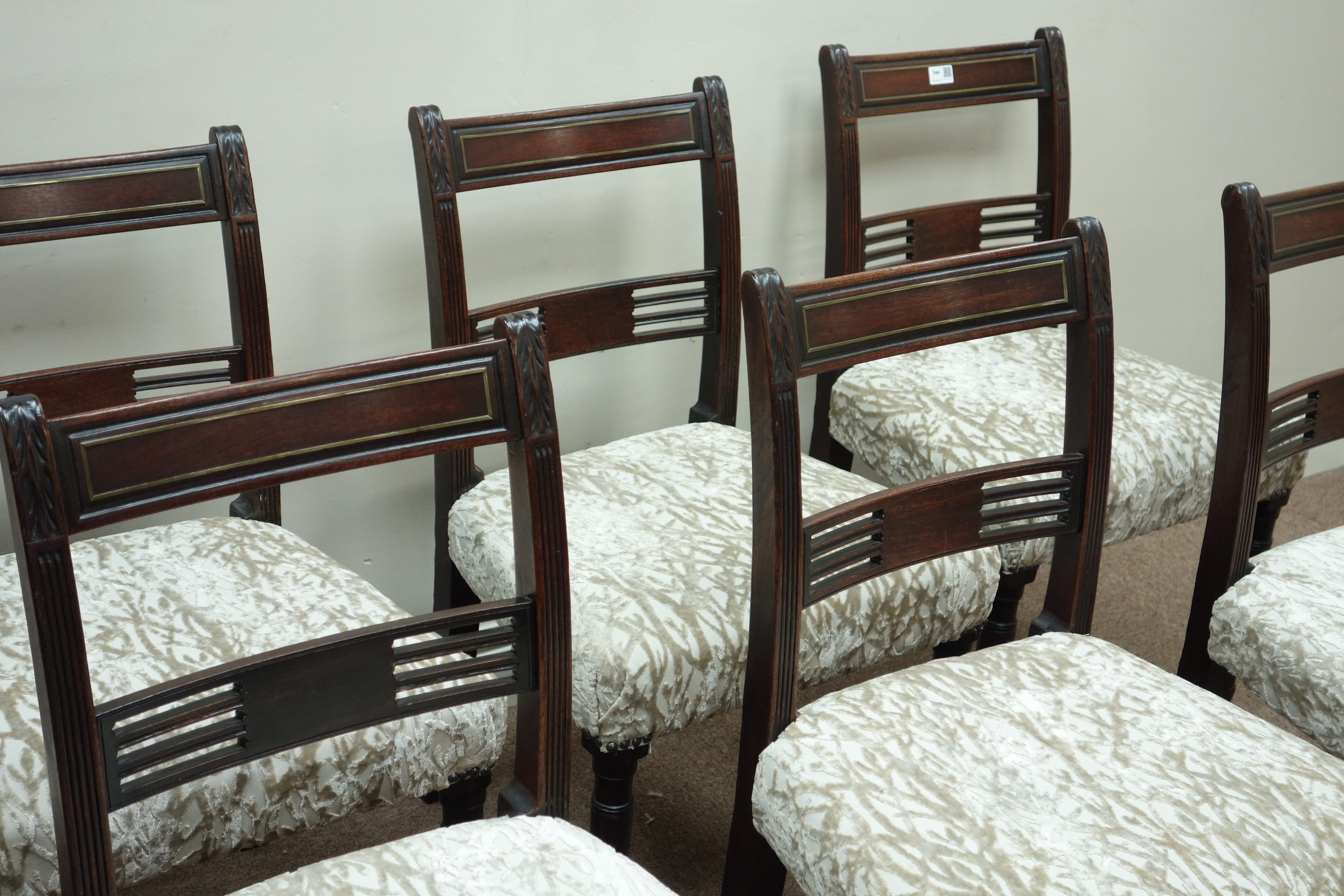 Set six Regency mahogany dining chairs, brass inlay,