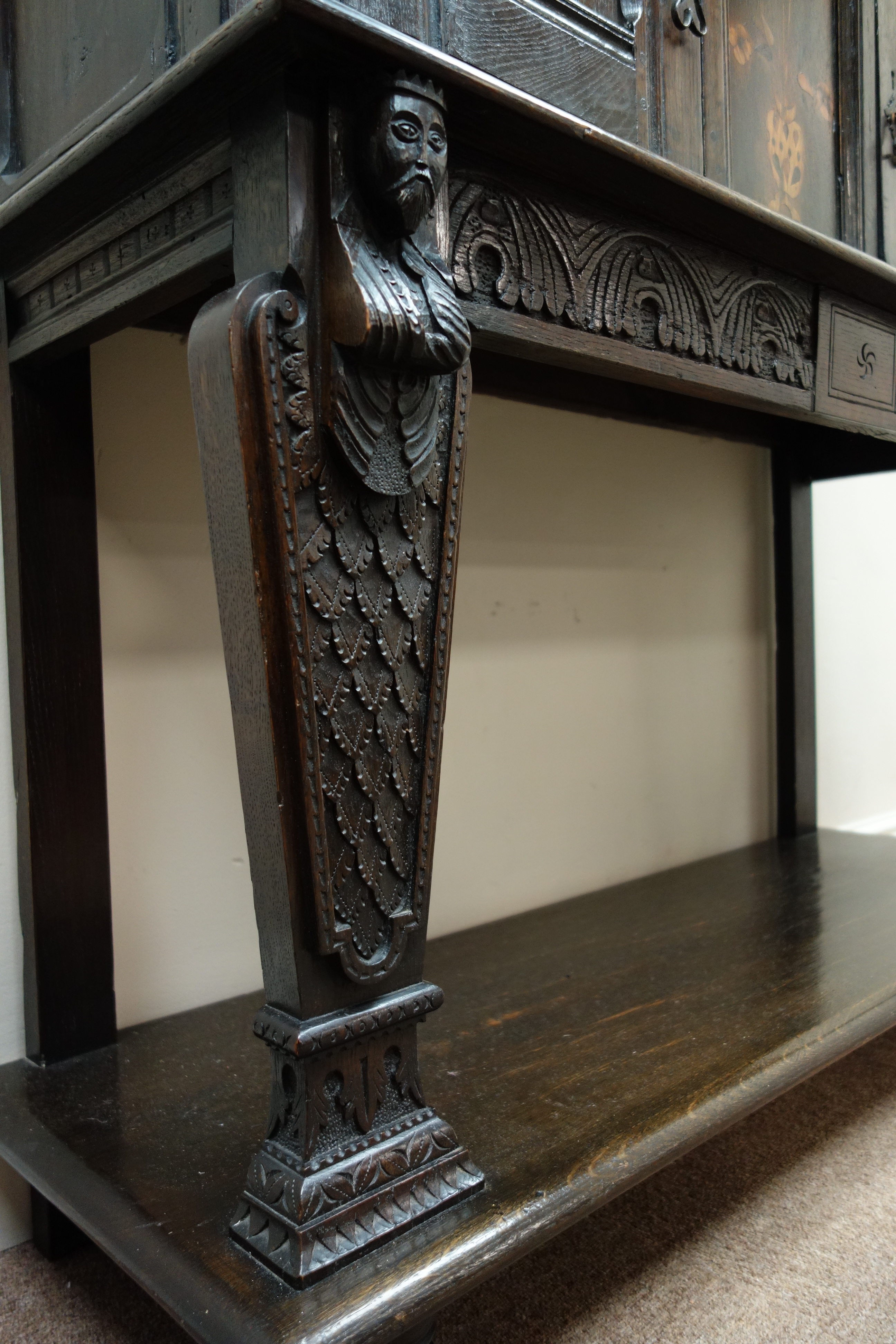18th century and later oak court cupboard on stand, inlaid and panelled doors, - Image 3 of 3