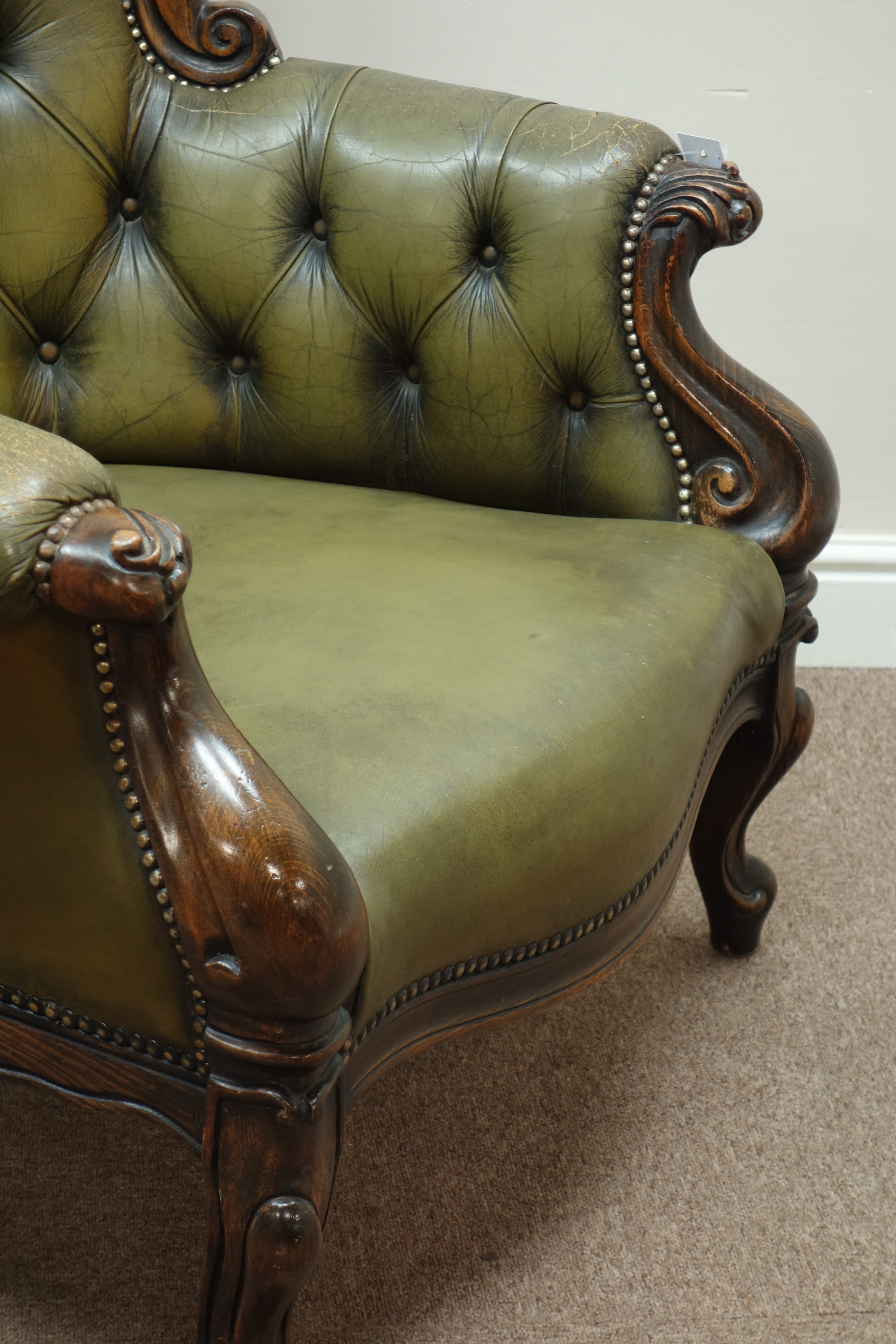 Early 20th century beech framed armchair, wide serpentine seat, upholstered seat and buttoned back, - Image 2 of 3