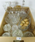 Heavy cut glass bow, Edinburgh crystal vase, three piece glass dressing table set,
