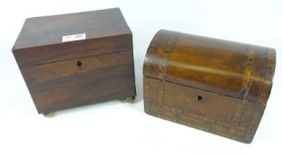 Victorian walnut tea caddy with Tunbridge ware inlay and a Rosewood tea caddy (2)