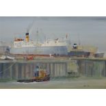 Ships in Dry Dock with Stevedores, oil on board signed and dated by Bill Wedgwood '08,