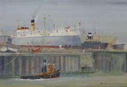 Ships in Dry Dock with Stevedores, oil on board signed and dated by Bill Wedgwood '08,