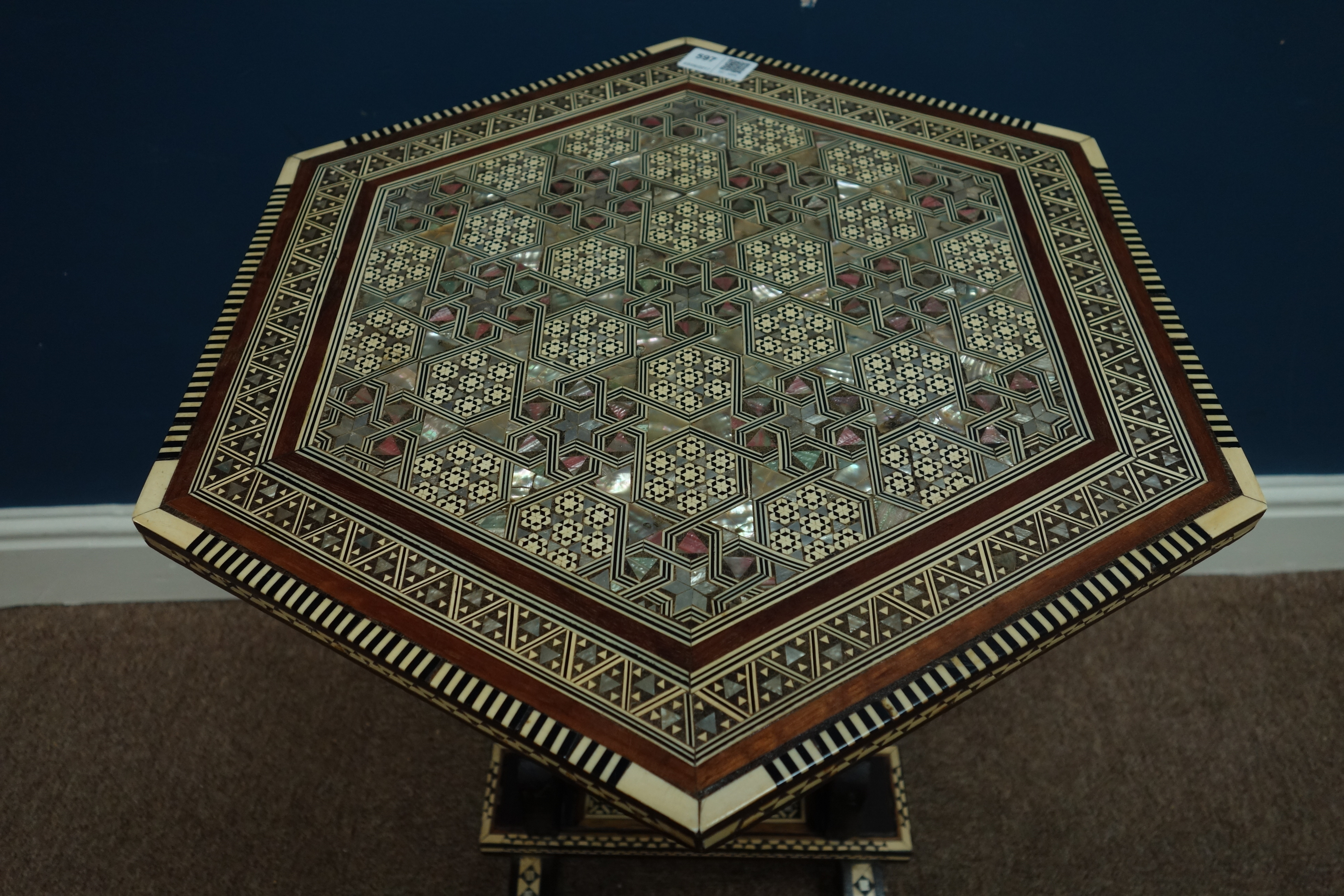 Anglo-Indian inlaid hardwood hexagonal tilt top occasional table, - Image 2 of 2