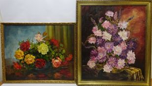 Still Life of Roses, oil on canvas mounted onto board signed by Stella Lane, Still Life of Flowers,