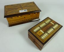 Victorian specimen Tunbridge ware jewellery box W18cm and a bone inlaid cribbage box (2)