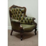 Early 20th century beech framed armchair, wide serpentine seat, upholstered seat and buttoned back,