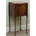 Early 20th century mahogany serpentine pot cupboard, on padfoot legs, W36cm, H80cm,