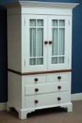 Cherry wood and painted glazed cupboard on two short, two long chest, W100cm, H167cm,