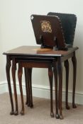 Nest of three Mahogany tables and a magazine rack with coat of arms Condition Report