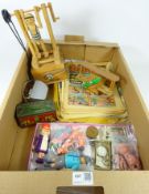 Sharpe's Home Made Super Cream Toffee tinplate Money Box, two wooden toys, Beano & Playhour comics,