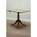 Regency mahogany rectangular tilt top with rounded corners on turned pedestal with four splayed