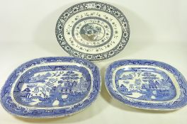 19th Century transfer print meat plate and two other blue and white meat plates,