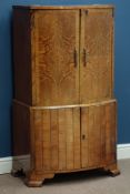 Art Deco period figured walnut cocktail cabinet, hinged lid with pull out birds eye maple interior,