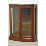 Reproduction walnut bow front display cabinet, bevelled glass, three adjustable shelves, W82cm,