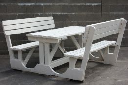 Large white painted two bench garden picnic table,