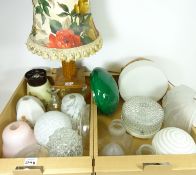 Vintage glass light shades and an inlaid wooden table lamp (This item is PAT tested - 5 day