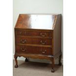 Reproduction mahogany bureau, fall front with fitted interior, three drawers, on ball and claw feet,