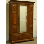 Late 19th century oak and burr oak panelled wardrobe, single bevelled mirror glazed door,