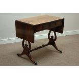 Reproduction mahogany drop leaf sofa table, lyre shaped end supports and splayed legs, two drawers,