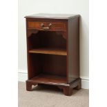 Narrow mahogany open bedside with drawer, W47cm, H73cm,