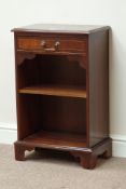 Narrow mahogany open bedside with drawer, W47cm, H73cm,