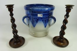 Pair of oak Barley twist candle sticks and drink glaze planter (3) Condition Report