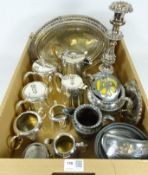 Edwardian silver plated fruit basket, silver plated tea sets, AA car badge,