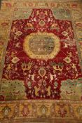 Antique Persian maroon ground hunting rug carpet, mustard boarder, central medallion,