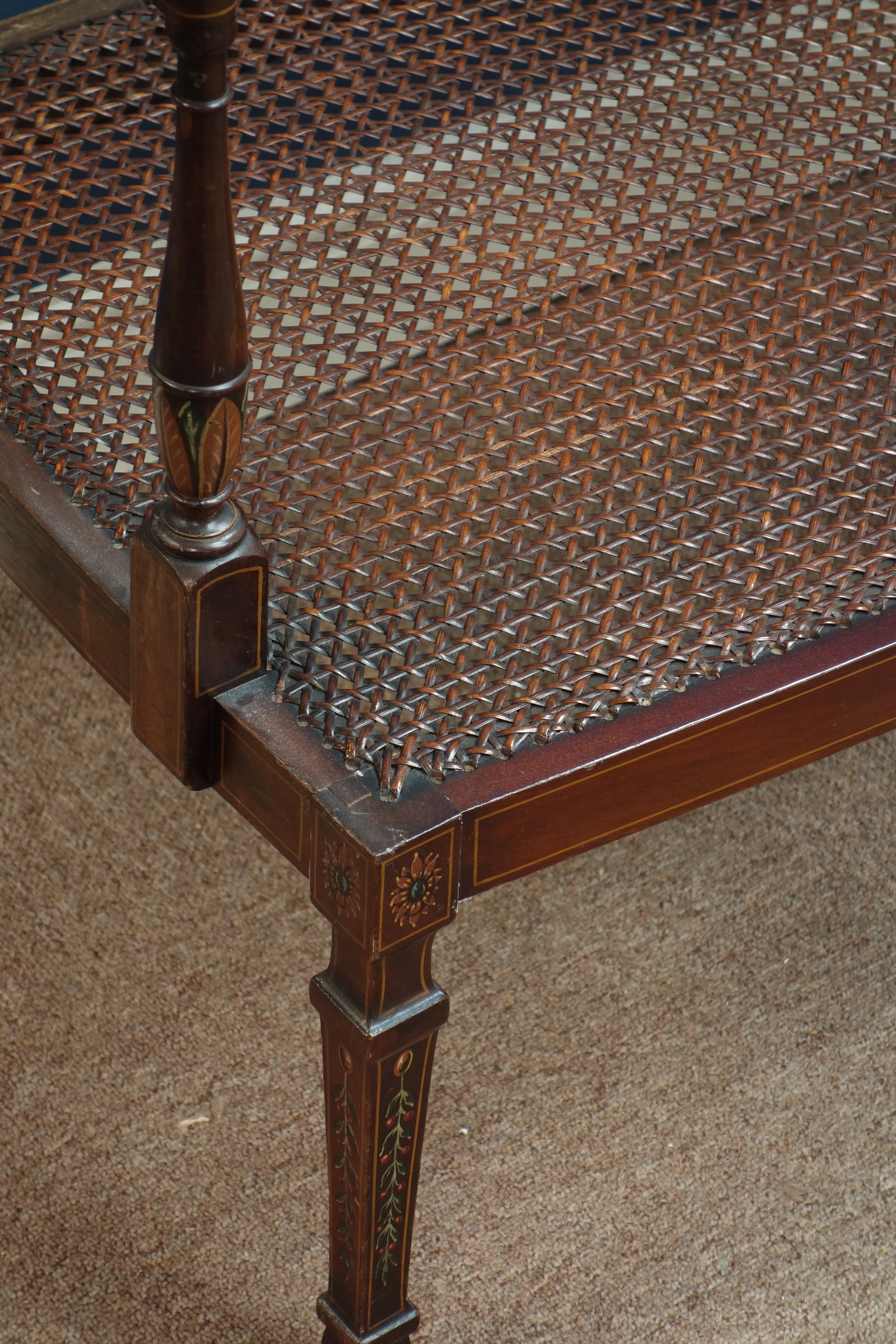 Edwardian inlaid mahogany settee, Neo classical style painting, cane seat with upholstered cushion, - Image 3 of 3