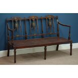 Edwardian inlaid mahogany settee, Neo classical style painting, cane seat with upholstered cushion,