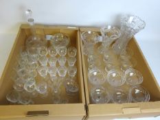 Cut glass and etched decanters, bowls, jugs,