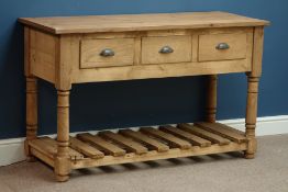 Traditional pine three drawer dresser with potboard base, W130cm, H81cm,