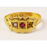 Victorian hallmarked 22ct gold ring set with ruby and seed pearl approx 3.