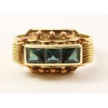 German gold ring with three green tourmaline in scroll setting stamped 585 approx 5gm