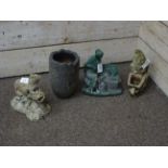 Various garden ornaments, seated lady, squirrel,