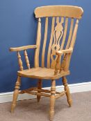 Farmhouse style beech carver armchair, stick back with fret work splat,