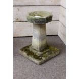 Sandstone octagonal birdbath top on tooled composite stone column with stepped base, D29cm,