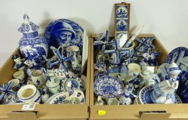 Large collection of Delft pottery and other blue and white pottery in two boxes Condition