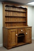 19th century and later pine dresser, single drawer and cupboards, with three heights plate rack,