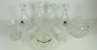 Two pairs of Bohemian cut crystal decanters, large water jug, small water jug and a vase,