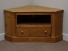 Pine corner television stand, with single drawer to base, W108cm,